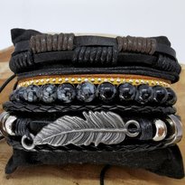 4 delig Armband met trekkoord leer/hout  en kralen