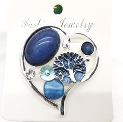 Magneet broche, Uniek Design, hartje, steentjes, blauw/zilver kleur, L 49 mm.
