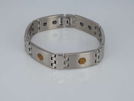 Edelstaal magneet armband, breed, langwerpig schakel, goudkl glitter, shungite steen