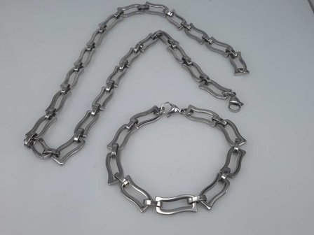 Edelstaal Konings- Armband &amp; Ketting, gegolfde rechthoek