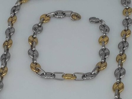 Edelstaal Konings- Armband &amp; Ketting, ovale ring. koffieboon, goudkl rvskl