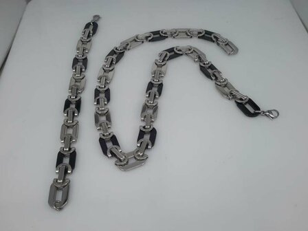 Edelstaal Konings- Armband &amp; Ketting, verschillende grove schakels, zwart ring