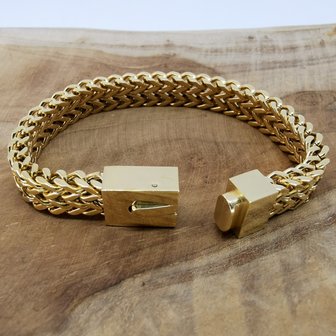goudkleurige Armband 19cm, dubbele VV schakel, drukslot sluiting, edelstaal