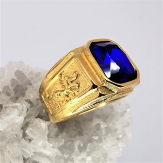 goudkl Dragon Edelstalen Zegelring blauw kristal