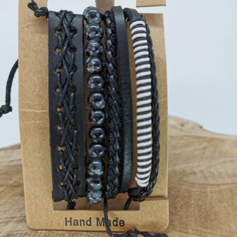 Armband trekkoord /elastiek leer/kralen, zwart/grijs/wit, 4-delig