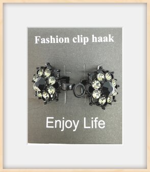 Clips met haakje-zwart-rozet met kristal, voor vest, sjaal of omslagdoek.