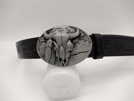 Shorthorn Skull Big Buckle aan zwart Leren Riem, zwart Longhorn &amp; Flower deco