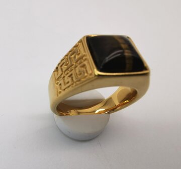 RVS Edelsteen Tijgeroog goudkleurig Griekse design Ring. Vierkant ringen met beschermsteen