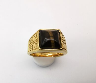 RVS Edelsteen Tijgeroog goudkleurig Griekse design Ring. Vierkant ringen met beschermsteen