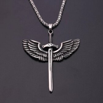 Unieke RVS hanger zwaard met vleugel Kruis ( Guardian of angel symboliek )