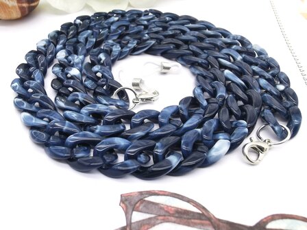 Trendy 2 in 1 Zonnebril / Ketting - Brillenkoord  Acryl schakelketting -L70 cm donker Blauw gem&ecirc;leerd