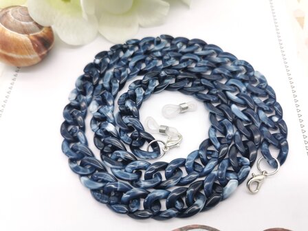 Trendy 2 in 1 Zonnebril / Ketting - Brillenkoord  Acryl schakelketting -L70 cm donker Blauw gem&ecirc;leerd