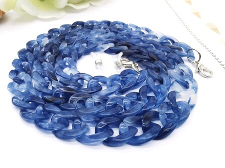 Trendy 2 in 1 Zonnebril / Ketting - Brillenkoord  Acryl schakelketting -L70 cm Blauw gem&ecirc;leerd