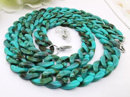 Trendy 2 in 1 Zonnebril / Ketting - Brillenkoord  Acryl schakelketting -L70 cm Turquoise gem&ecirc;leerd