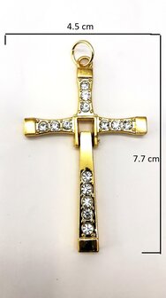 Edelstaal, goudkleurig kruis met 14 kristal.