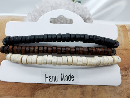 3 Elastische natural houten rondelle vorm kralen armbanden in 3 verschillende kleur 19 cm.