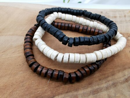 3 Elastische natural houten rondelle vorm kralen armbanden in 3 verschillende kleur 17 cm.