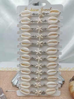 12 Armband, schelp, kralen, kristal, verstelbaar, Made by hand 