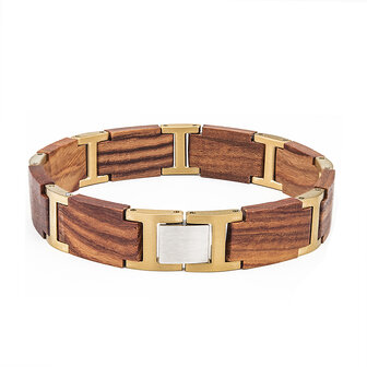Warm mahonie houten Armband, RVS tussenschakels goudkleurig