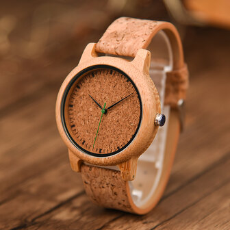 Bamboe horloge, horlogeband van kurk, gespsluiting