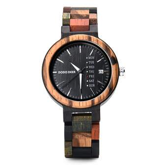 donker houten horloge, band houten schakels, zwarte wijzerplaat, dag en datum, horlogesluiting