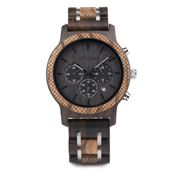 donker houten Chronograaf horloge, band houten &amp; RVS schakels, dag, horlogesluiting