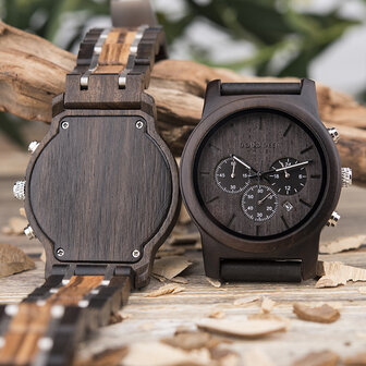 Zwartbruin houten Chronograaf horloge, band houten &amp; RVS schakels, dag, horlogesluiting