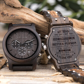 Zwartbruin houten Chronograaf horloge, band houten &amp; RVS schakels, dag, horlogesluiting