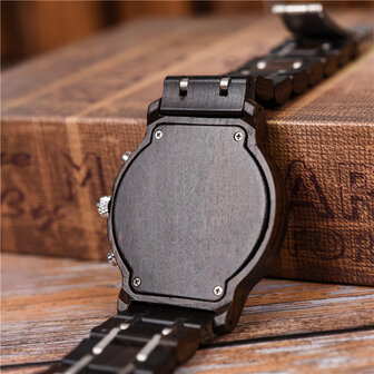 Bruinzwart houten Chronograaf horloge, band houten &amp; RVS schakels, dag, horlogesluiting