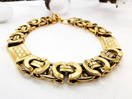 RVS Ketting &amp; Armband set, platte Koningsschakel, goudkl, Grieks design