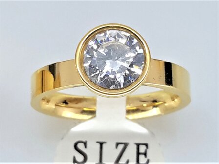 Ring - Goudkleurig - meisjes &ndash; Tiener &ndash; Zirkonia - 7mm - sieraden - RVS - Maat 14
