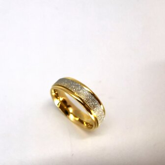 RVS Elegant Dames ring goudkleurig met zilverkleurig gezandstraalde band voor een gediamanteerd effect.              