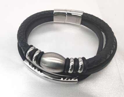 Dreiteiliges schwarzes Lederarmband mit Edelstahldesign.