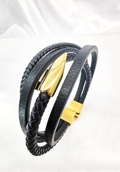 4-teiliges Armband aus schwarzem Leder mit goldfarbenem Nageldesign aus Edelstahl.