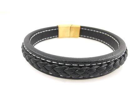 Stilvolles Herrenarmband aus schwarzem Leder mit kontrastierenden wei&szlig;en N&auml;hten.