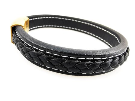 Stilvolles Herrenarmband aus schwarzem Leder mit kontrastierenden wei&szlig;en N&auml;hten.