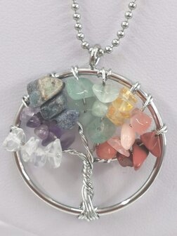 Rvs ketting L 70 cm met Handgemaakt Chakra levensboom hanger &Oslash; 30 mm Chakra wiel.