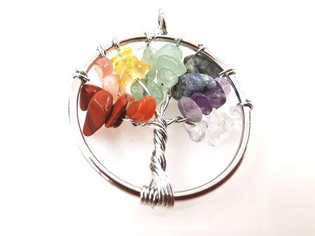 Rvs ketting L 70 cm met Handgemaakt Chakra levensboom hanger &Oslash; 30 mm Chakra wiel.