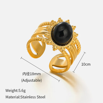 Ring aus Edelstahl, oval, bl&uuml;tenf&ouml;rmig, Obsidian-Edelstein, goldfarben, verstellbar