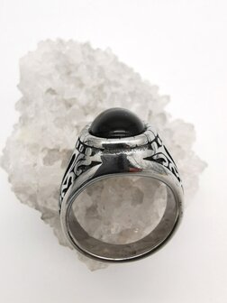 RVS zilverkleurig ovale edelsteen ring met Onyx edelsteen 