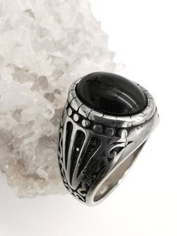 RVS zilverkleurig ovale edelsteen ring met Onyx edelsteen 