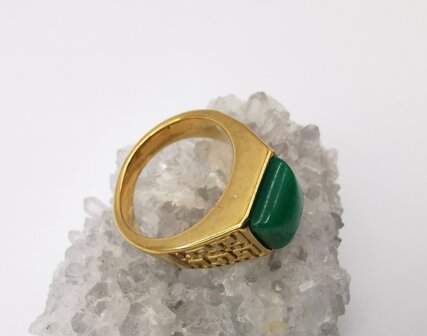 RVS Edelsteen groene Jade goudkleurig Griekse design Ring. Vierkant ringen met beschermsteen