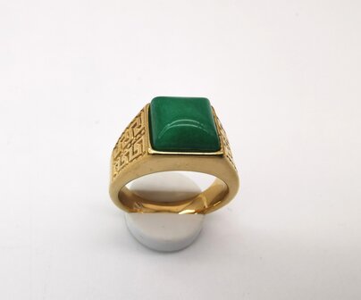 RVS Edelsteen groene Jade goudkleurig Griekse design Ring. Vierkant ringen met beschermsteen