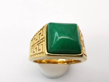 RVS Edelsteen groene Jade goudkleurig Griekse design Ring. Vierkant ringen met beschermsteen