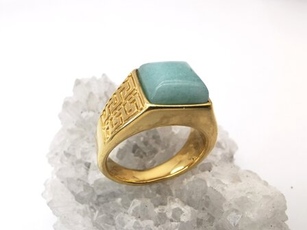 Edelstahl-Edelstein-Gr&uuml;ner Calcit-goldfarbener griechischer Design-Ring. Vierkantringe mit Schutzstein