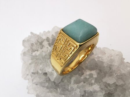 RVS Edelsteen groene Calciet goudkleurig Griekse design Ring. Vierkant ringen met beschermsteen