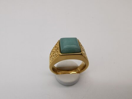 Edelstahl-Edelstein-Gr&uuml;ner Calcit-goldfarbener griechischer Design-Ring. Vierkantringe mit Schutzstein