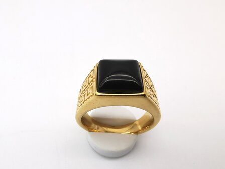 Edelstahl-Edelstein-Onyx-goldfarbener griechischer Design-Ring. Vierkantringe mit Schutzstein