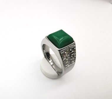 RVS Edelsteen groene Jade zilverkleurig Griekse design vierkant ringen met beschermsteen. 