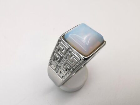 Edelstahl-Edelstein-Opal silberfarbene quadratische Ringe im griechischen Design mit Schutzstein.